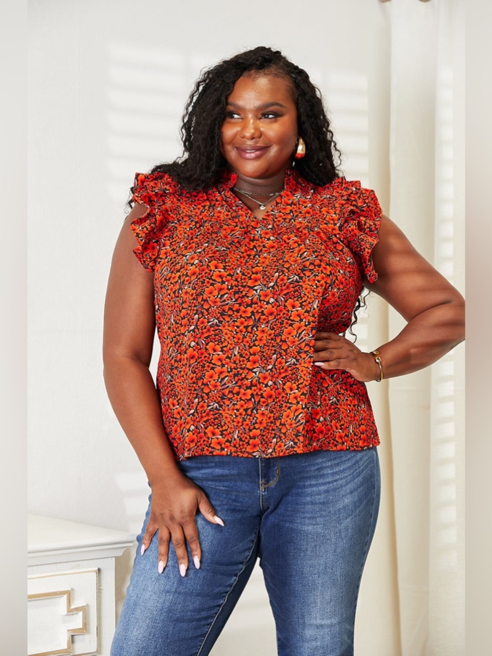 Double Take Floral Flutter Sleeve Notched Neck Blouse - Picture 7 of 12